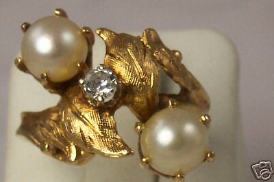 VINTAGE 14K GOLD TWIN LARGE PEARL DIAMOND RING M MARK  