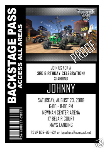 Set of 10 Monster Truck Backstage Pass Invitations Sets  