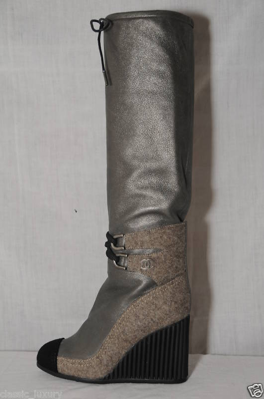   FLANEL SILVER LEATHER CC LOGO SHOES WEDGE TALL BOOTS 40 10 9.5  