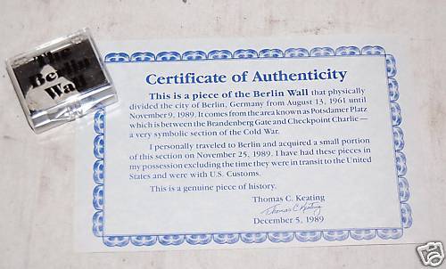 Actual Piece Of The Berlin Wall With COA  