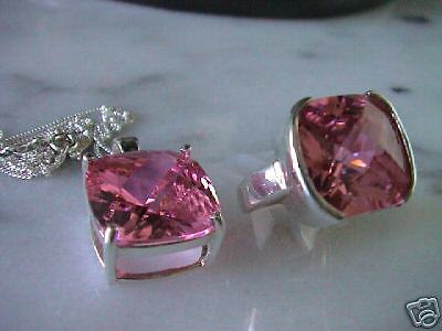 STERLING SILVER PINK CZ ICE RING & PENDANT NECKLACE SET  