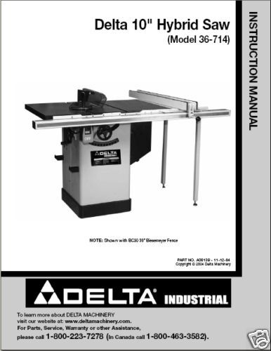 Delta 10 Hybrid Table Saw Instruction Manual No 36 714  