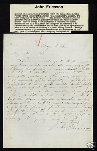 John Ericsson   Civil War Ironclad Monitor 1860 Letter  