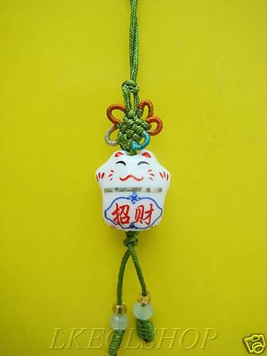 CERAMIC MANEKI NEKO LUCKY CAT CELL PHONE STRAP CHARM  