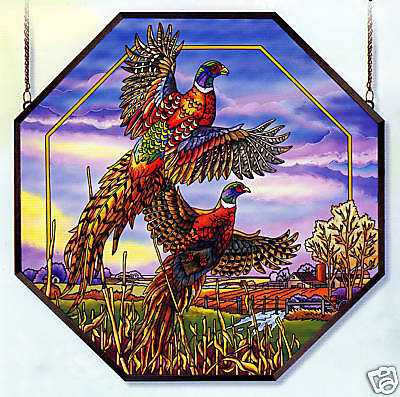 FLYING PHEASANTS 22 OCTAGON NATURE STAINED GLASS PANEL  