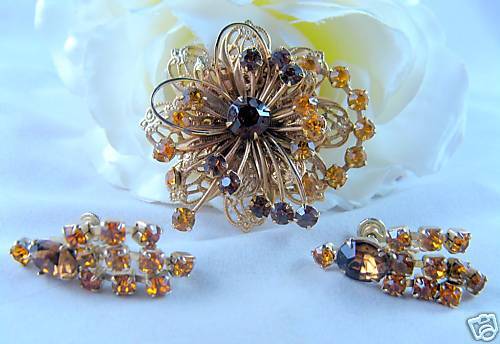 Vintage Amber Rhinestone Ornate Pin Lot CAT RESCUE  